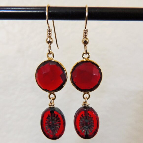 Boho 14k Gold-filled Burgundy Red Garnet Dangle Earrings - Picture 1 of 2